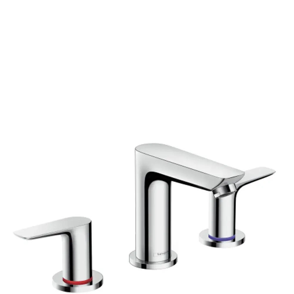 Dreiarmige Waschtischarmatur von Hansgrohe in Chromfarbe, bestehend aus einem Hauptkörper und zwei Bedienhebeln, jeweils für warmes und kaltes Wasser.